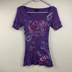 FANG Womens Purple Y2K Skull Tiger Rose Graphic Ribbed Top Small